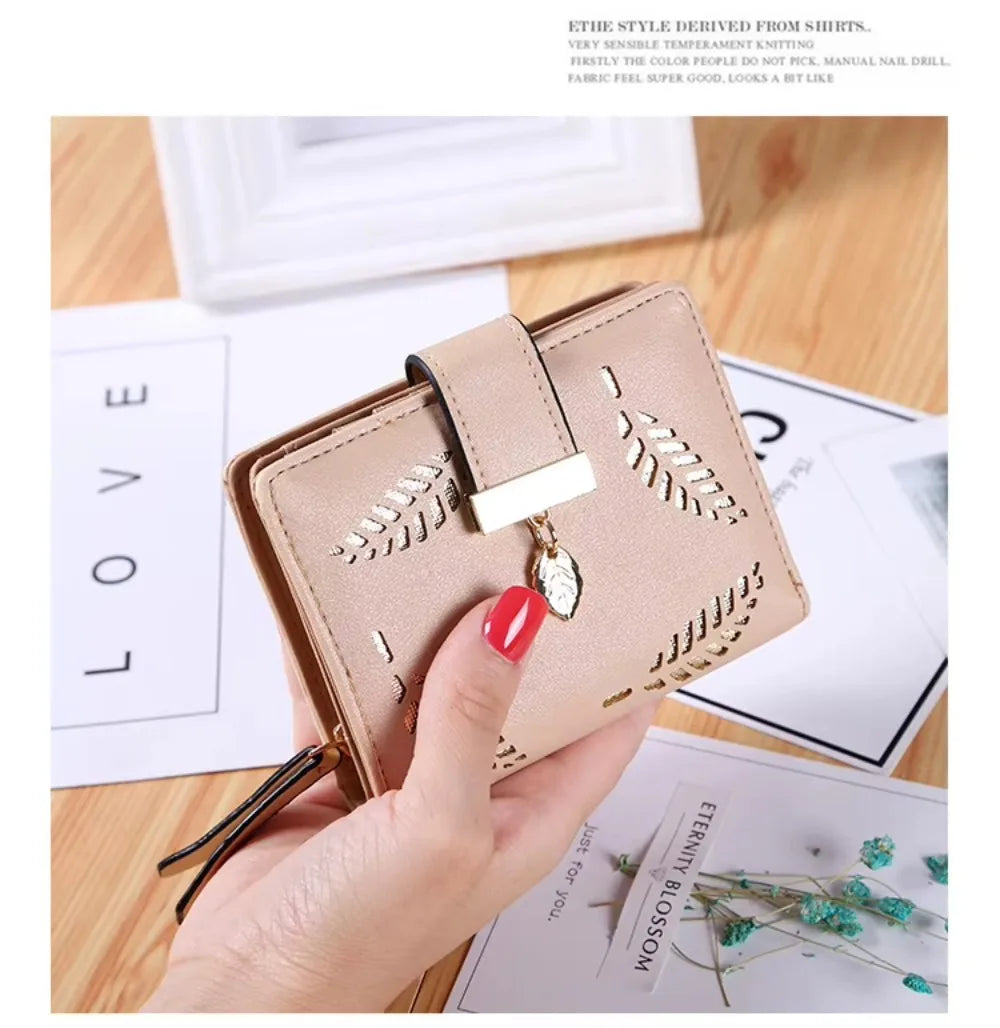 Luxury Women Wallet Leather Purse Short Zipper Clutch Bag Small Hollow Out Leaves Design Fashion Brand Wallets