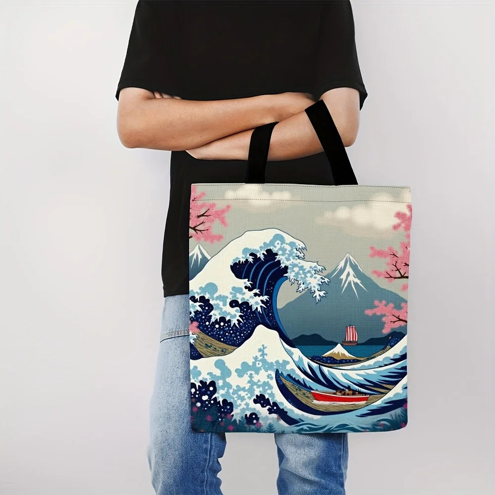 1pc Ukiyo-e Inspired Polyester Tote Bag - Great Wave off Kanagawa & Pink Floral Design, Durable Rectangular Shopping Bag