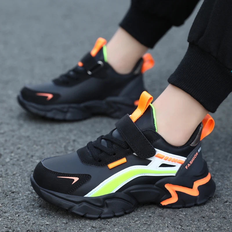 New Sport Sneaker Kids Boys Casual Shoes for 5-16Years Old Children Leather Non-Slip Fashion Tenis Shoes Soft Soled Black Shoe