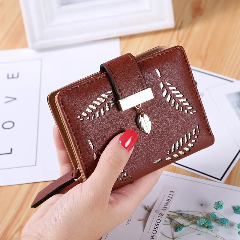 Luxury Women Wallet Leather Purse Short Zipper Clutch Bag Small Hollow Out Leaves Design Fashion Brand Wallets