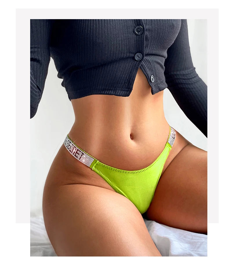 Sexy Panties G-string Sports Women Thong T-back Fitness Secret Rhinestone Sexy Lingerie Letter Diamonds Female Underwear