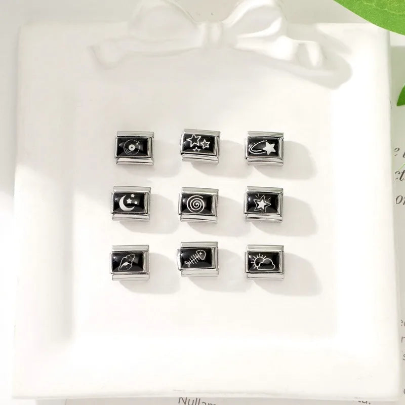 Personalized Black and White Moon Stars Cloud Italian Charm Links Fit 9mm Stainless Steel Bracelet Men Women DIY Making Gifts