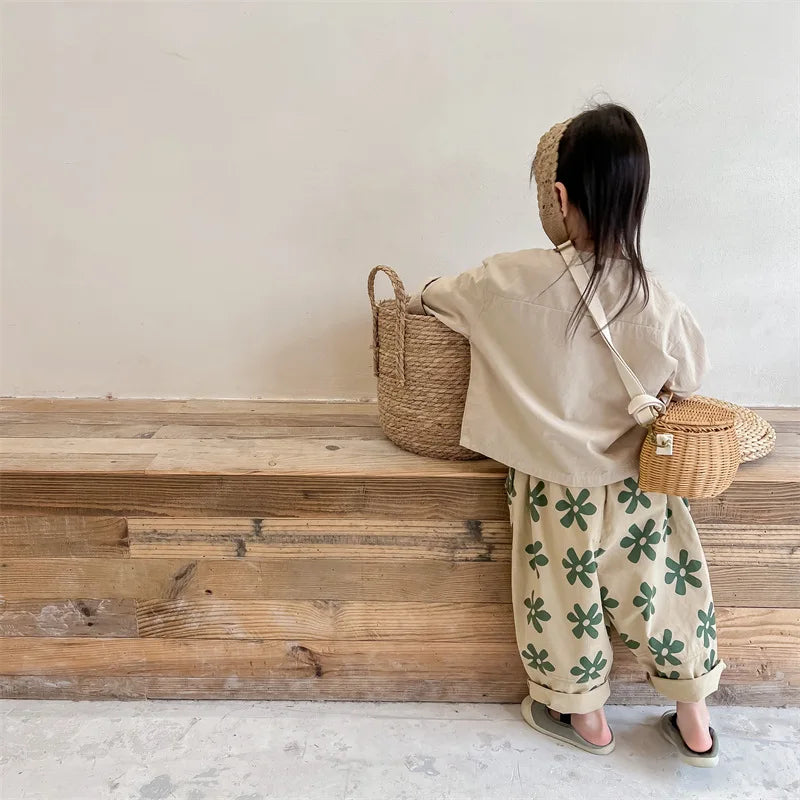 1639C Children Pants Spring New Flower Print Girl's Pant Washed Cotton Harem Pants 1-7Year Boy's Casual Pants Trousers