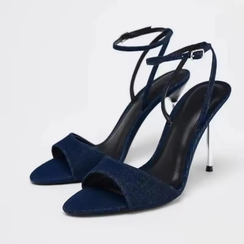 Aneikeh Summer Fashion Blue Female Sandal Open Toe Buckle High Heels Peep Pointed New Denim Stiletto Strap Womens Prom Shoes