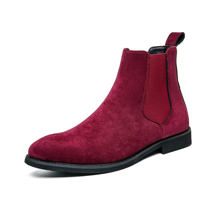 Beige Men Chelsea Boots Black Flock Round Toe Slip-On Business Handmade Men Boots  Botas De Hombre Wine Red Shoes Men