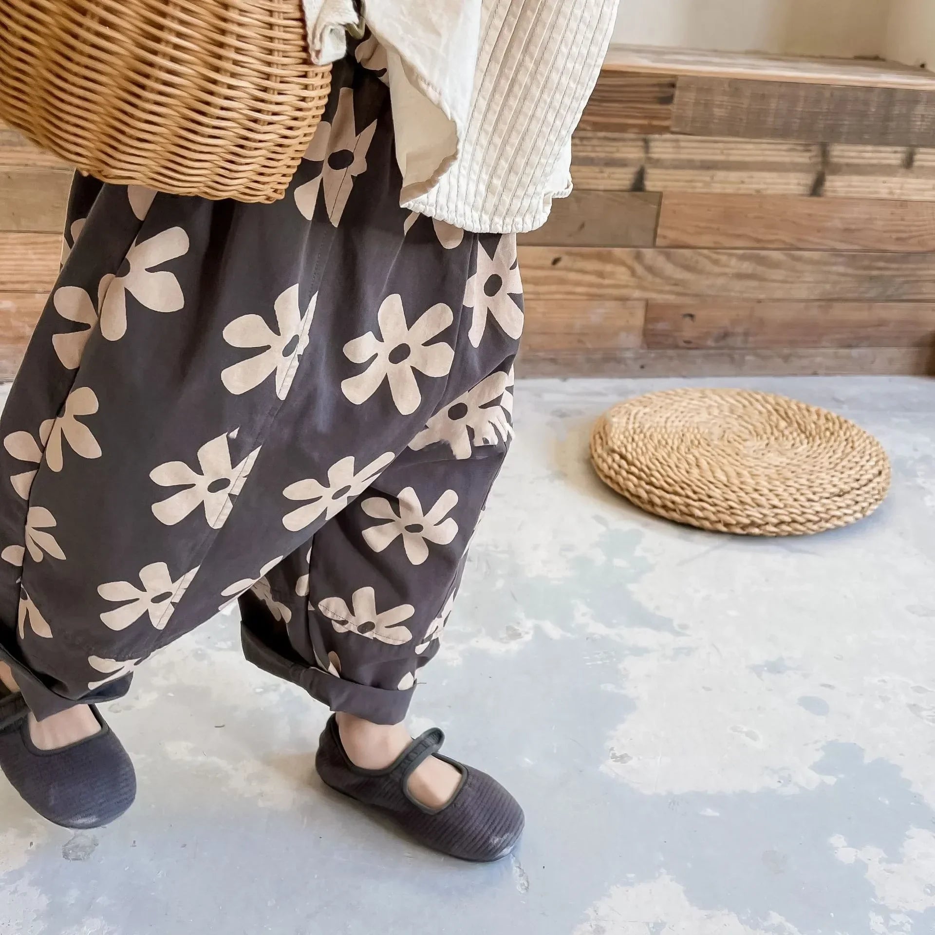 1639C Children Pants Spring New Flower Print Girl's Pant Washed Cotton Harem Pants 1-7Year Boy's Casual Pants Trousers