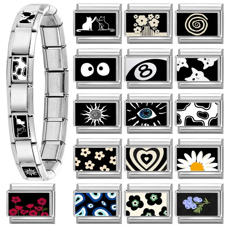 Personalized Black and White Moon Stars Cloud Italian Charm Links Fit 9mm Stainless Steel Bracelet Men Women DIY Making Gifts