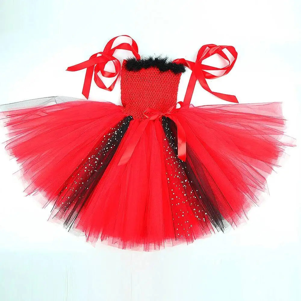 Halloween Red Devil Costumes for Girls Demon Angel Fancy Tutu Dress with Wings Horn Pitch Fork Kids Carnival Disguise Outfits