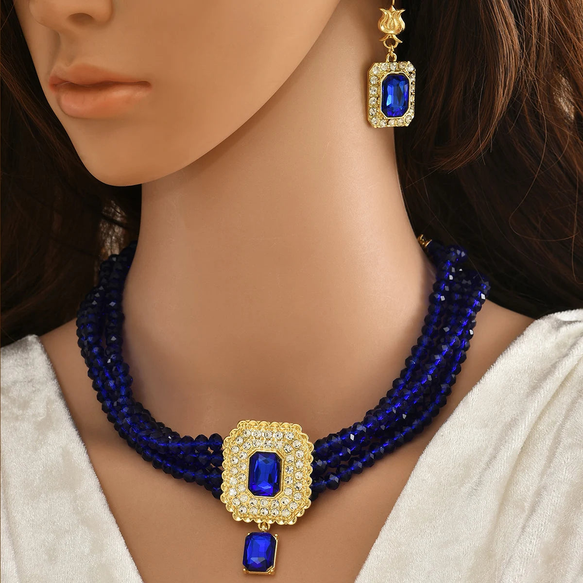 A Moroccan-Style Bridal Imitation Pearl Necklace Handcrafted Beaded Square Pendant Wedding Dress Earring Accessory