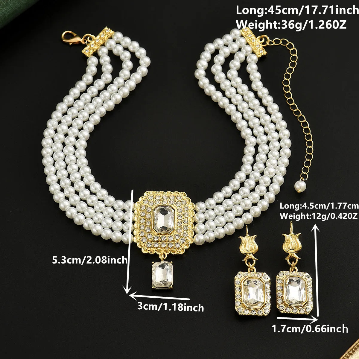A Moroccan-Style Bridal Imitation Pearl Necklace Handcrafted Beaded Square Pendant Wedding Dress Earring Accessory