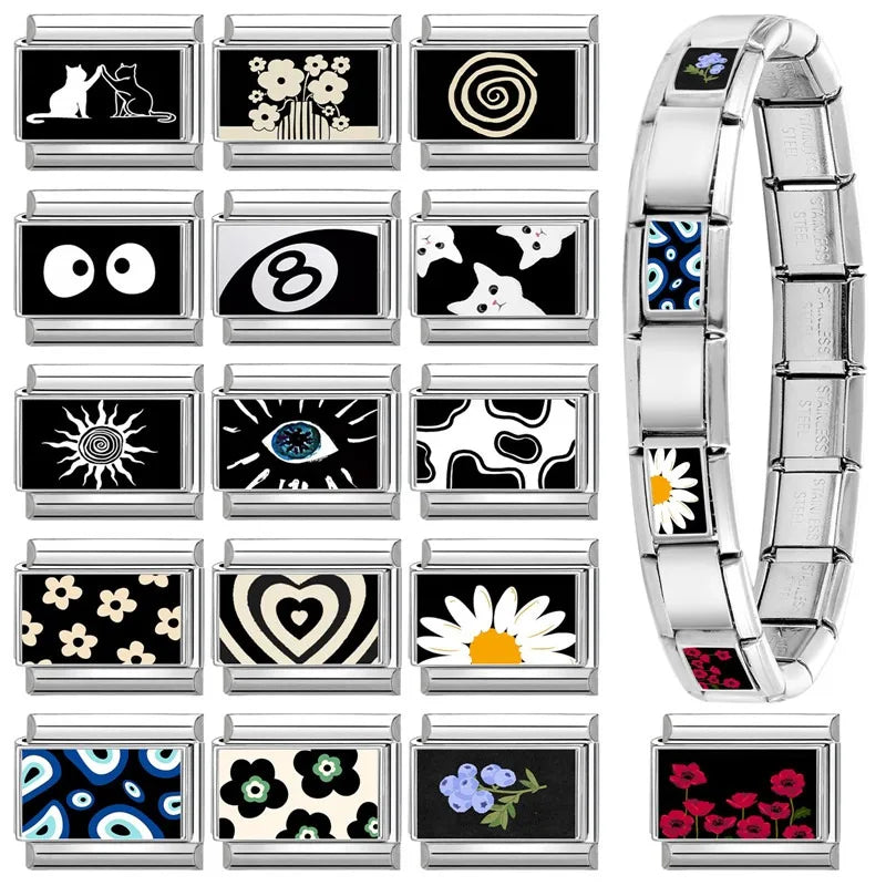Personalized Black and White Moon Stars Cloud Italian Charm Links Fit 9mm Stainless Steel Bracelet Men Women DIY Making Gifts
