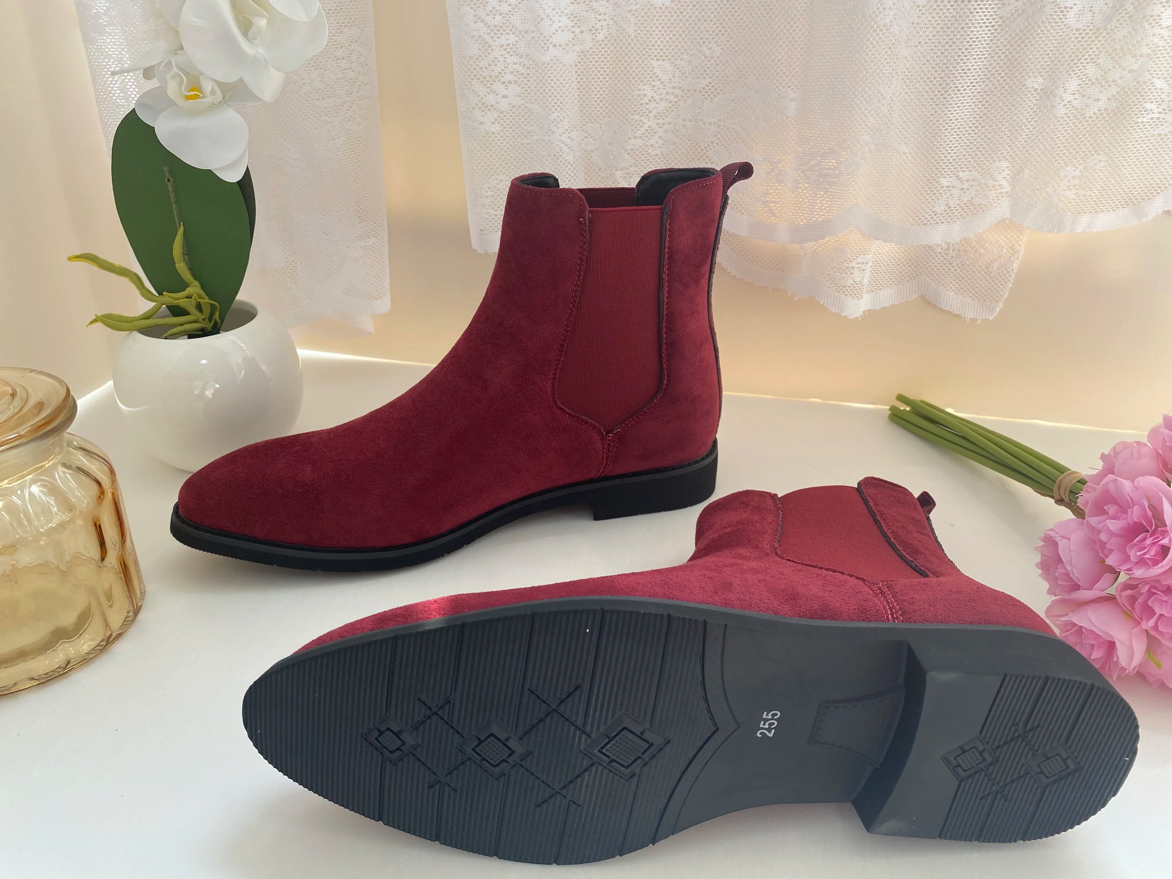 Beige Men Chelsea Boots Black Flock Round Toe Slip-On Business Handmade Men Boots  Botas De Hombre Wine Red Shoes Men