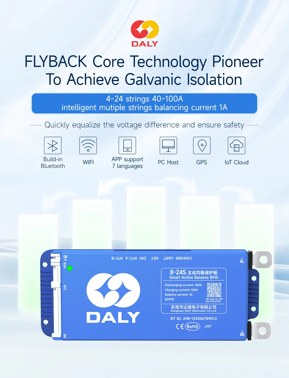 DALY BMS Smart WIFI BMS 4S 12V 8S 24V 16S 48V 80A 100A 1A Active Balancer Built In Bluetooth RS485 CANBUS for Lifepo4 Li-ion LTO