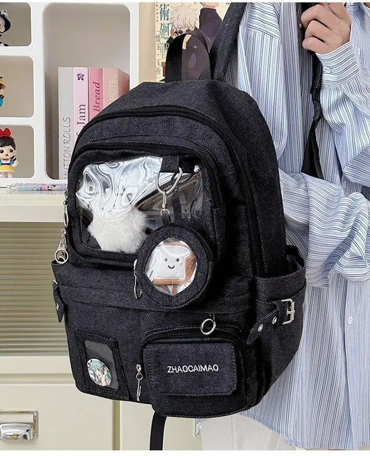 HAEX Denim Women Backpacks 2026 Large Capacity Harajuku DIY Anime Badge Ita Bag Female Student Daily Commute Mochilas Para Mujer