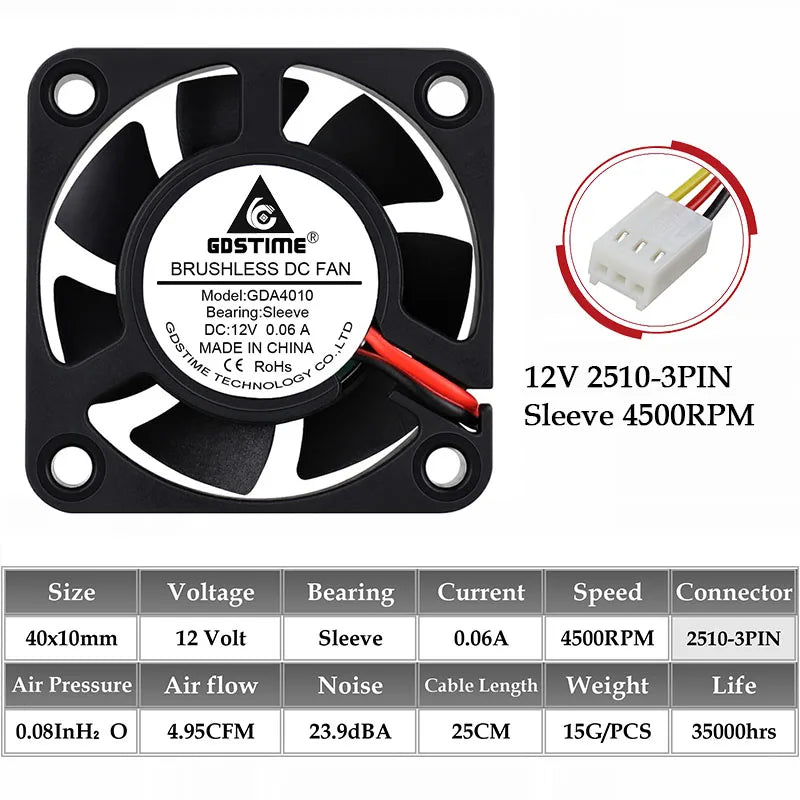 2Pcs Gdstime DC 24V 12V 5V 40mm x 40mm x 10mm 2-Pin Ball Bearing Computer PC Case Cooling Fan 4010
