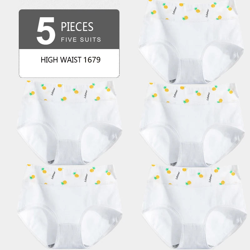 5Pcs Women's Panties Lady Cotton Underwear Print Cute Girls Breathable Seamless High Waist Briefs Woman Sexy Lingerie Intimates