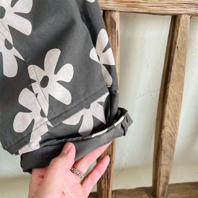 1639C Children Pants Spring New Flower Print Girl's Pant Washed Cotton Harem Pants 1-7Year Boy's Casual Pants Trousers