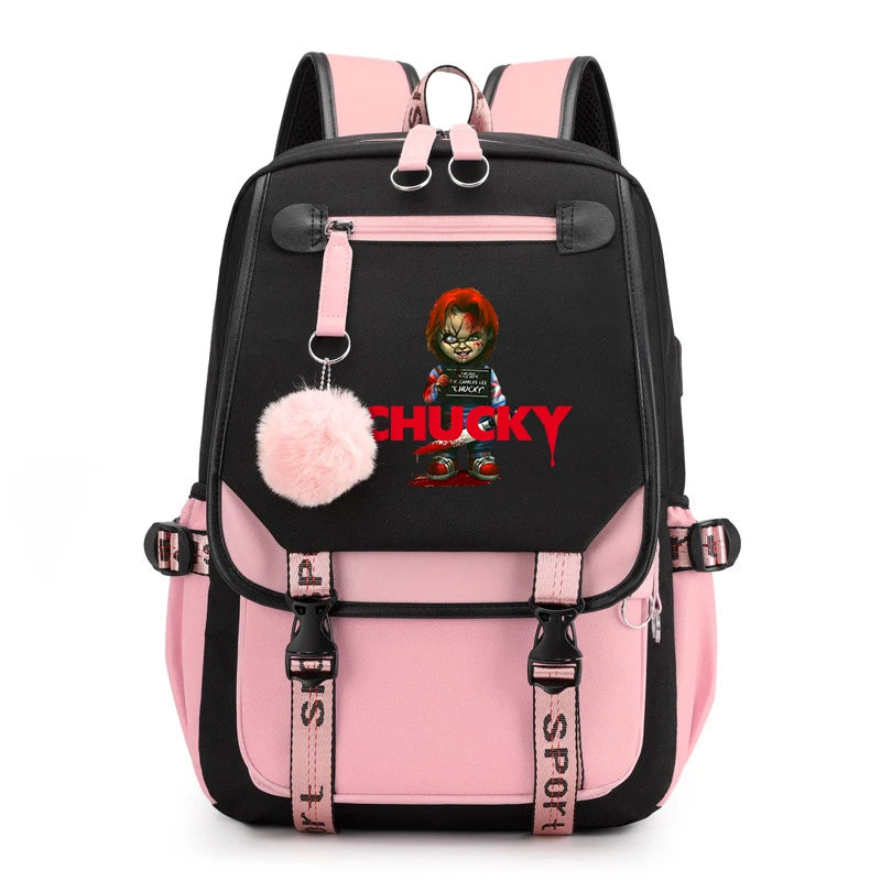 Horror Movie Child's Play Chucky Backpack Teenager School USB Charging Bags Men Women School Bag Travel Mochila