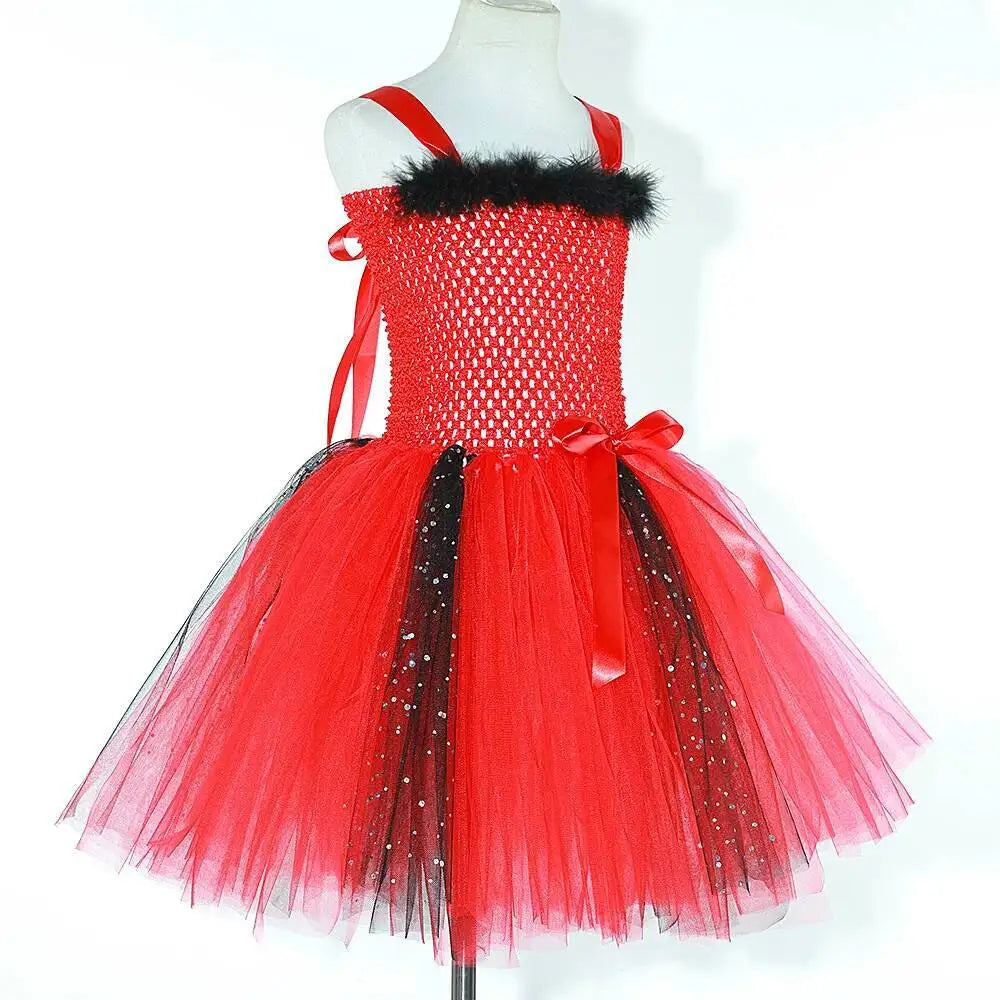 Halloween Red Devil Costumes for Girls Demon Angel Fancy Tutu Dress with Wings Horn Pitch Fork Kids Carnival Disguise Outfits