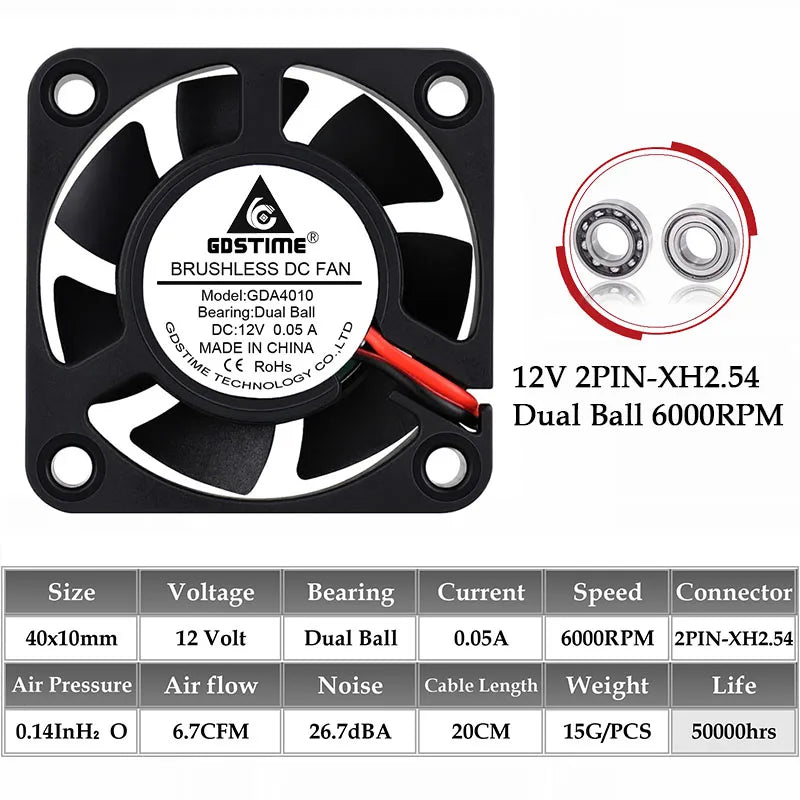 2Pcs Gdstime DC 24V 12V 5V 40mm x 40mm x 10mm 2-Pin Ball Bearing Computer PC Case Cooling Fan 4010