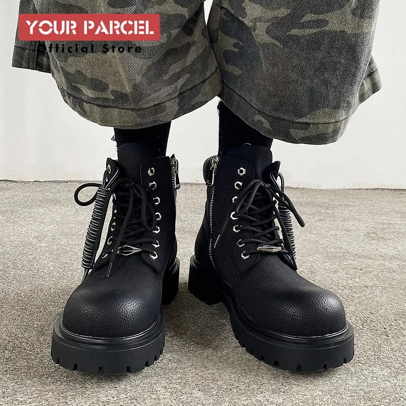 Original design Mading boots for men leather height increased by 4.5CM black retro workwear shoes British style short boots