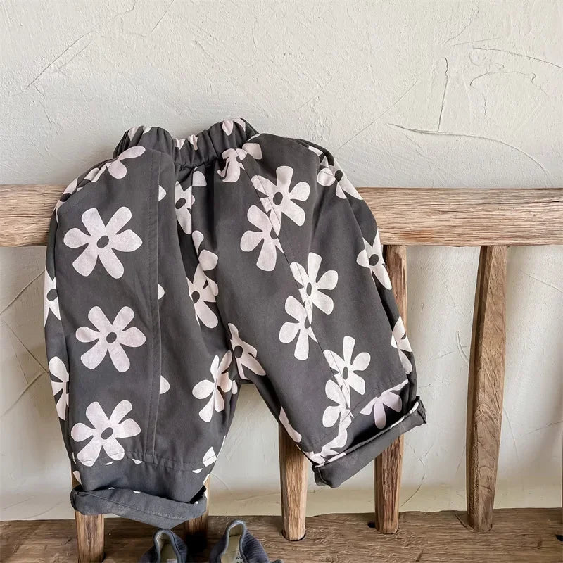 1639C Children Pants Spring New Flower Print Girl's Pant Washed Cotton Harem Pants 1-7Year Boy's Casual Pants Trousers