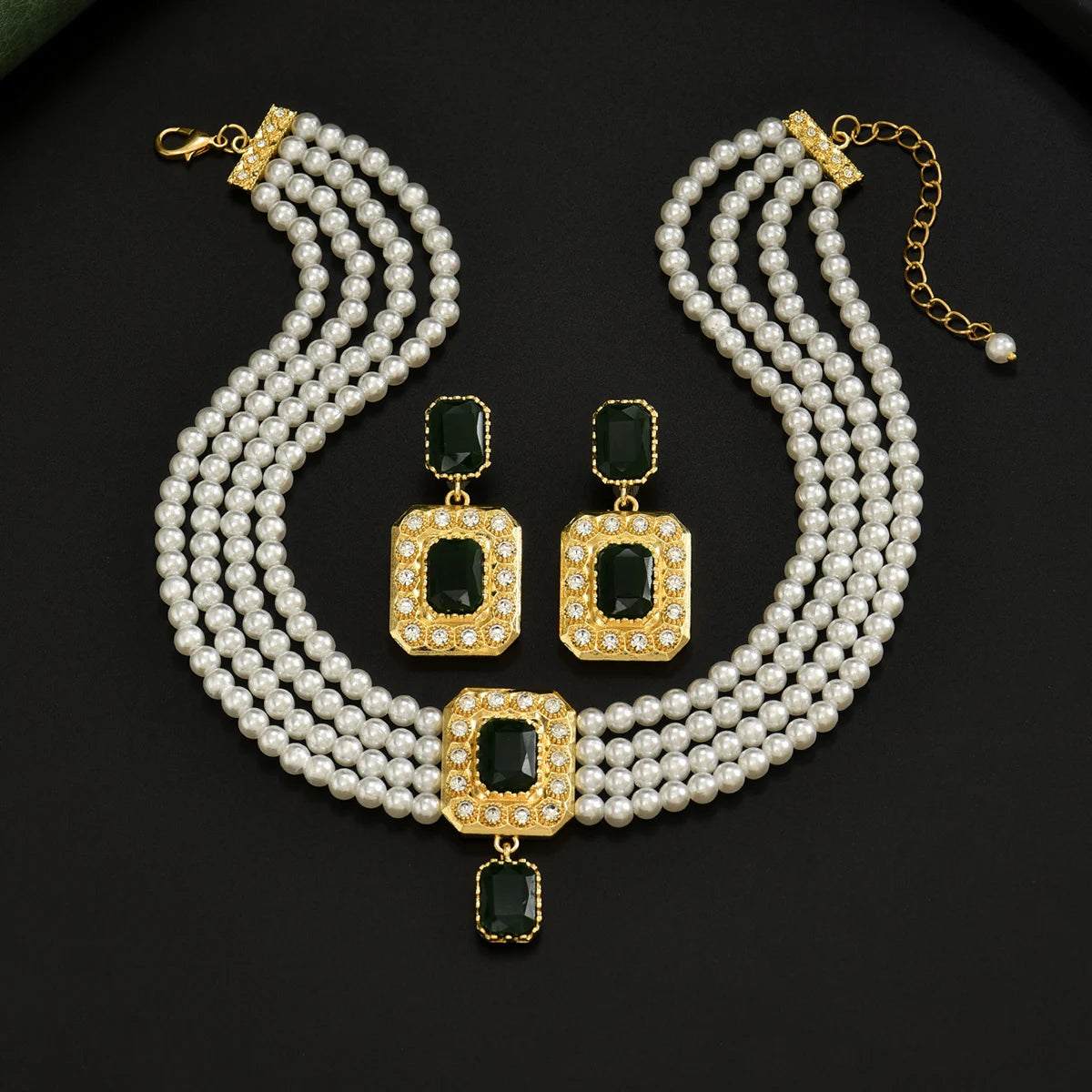 A Moroccan-Style Bridal Imitation Pearl Necklace Handcrafted Beaded Square Pendant Wedding Dress Earring Accessory