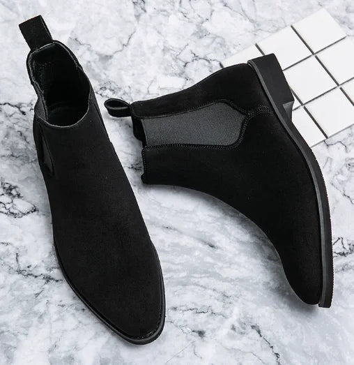 Beige Men Chelsea Boots Black Flock Round Toe Slip-On Business Handmade Men Boots  Botas De Hombre Wine Red Shoes Men