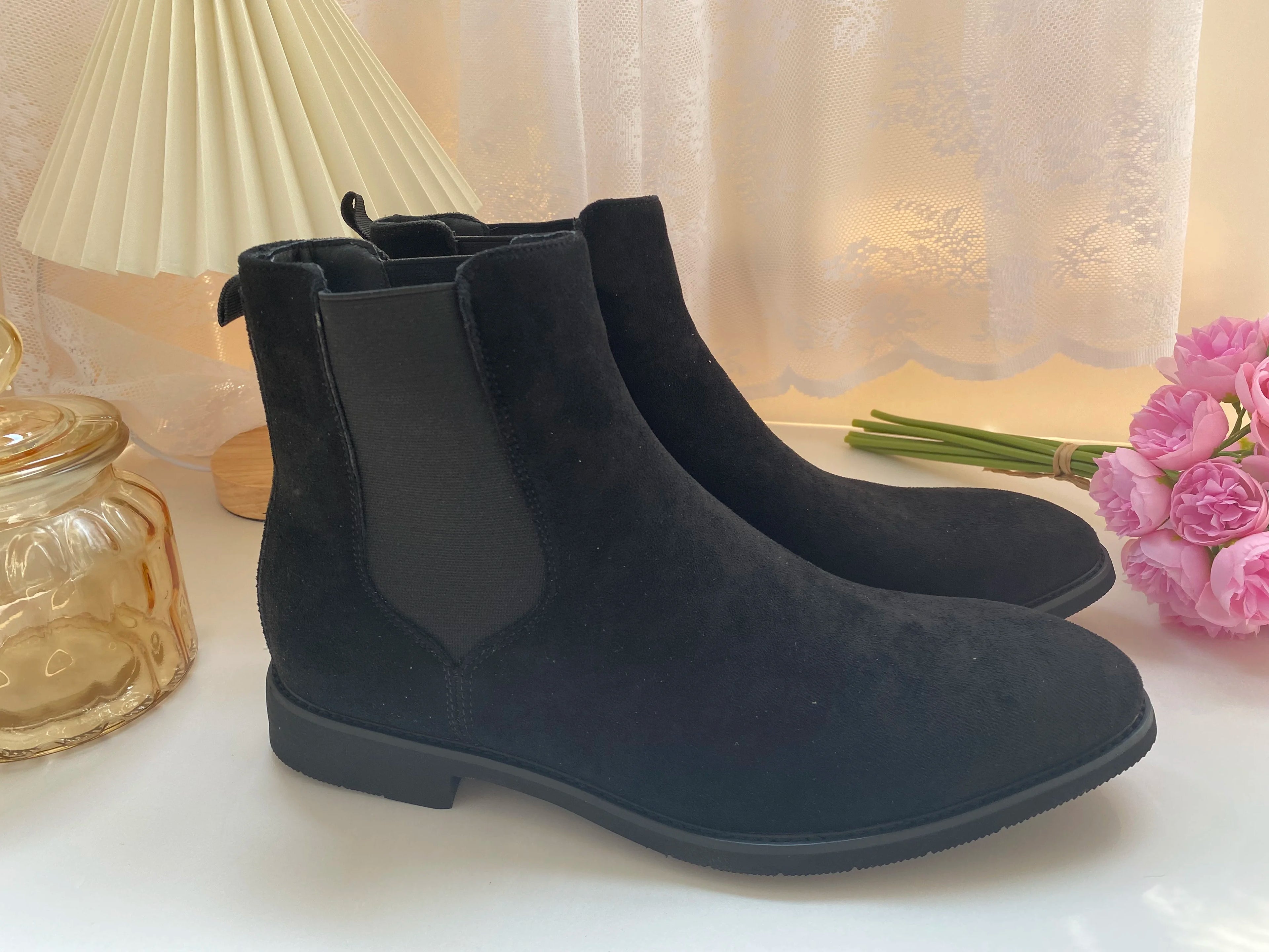 Beige Men Chelsea Boots Black Flock Round Toe Slip-On Business Handmade Men Boots  Botas De Hombre Wine Red Shoes Men