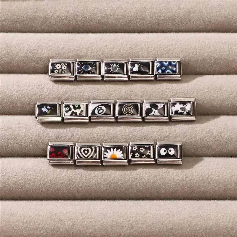 Personalized Black and White Moon Stars Cloud Italian Charm Links Fit 9mm Stainless Steel Bracelet Men Women DIY Making Gifts