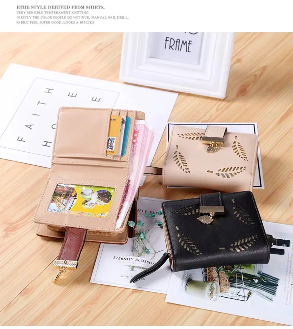 Luxury Women Wallet Leather Purse Short Zipper Clutch Bag Small Hollow Out Leaves Design Fashion Brand Wallets