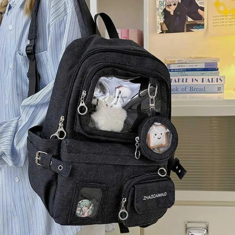 HAEX Denim Women Backpacks 2026 Large Capacity Harajuku DIY Anime Badge Ita Bag Female Student Daily Commute Mochilas Para Mujer