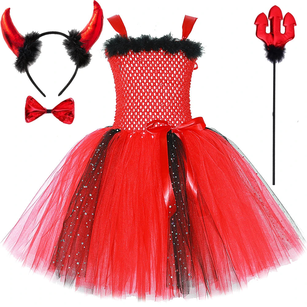 Halloween Red Devil Costumes for Girls Demon Angel Fancy Tutu Dress with Wings Horn Pitch Fork Kids Carnival Disguise Outfits