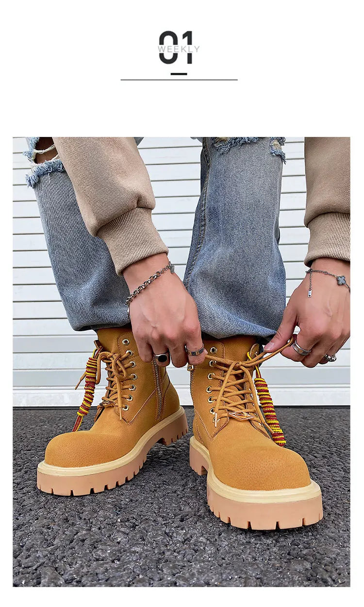 Original design Mading boots for men leather height increased by 4.5CM black retro workwear shoes British style short boots