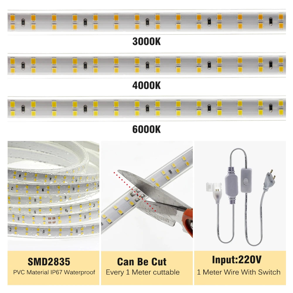 220V LED Strip 2835 High Safety High Brightness 180LEDs/m3000K 4000K 6000K Flexible LED Light Outdoor Waterproof LED Strip Light