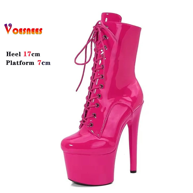 Red 17CM/6Inchs Women Boots Sexy Fashion Catwalk Knight Boots PU Upper Exotic High Heel Platform Party Boots Pole Dance Shoes