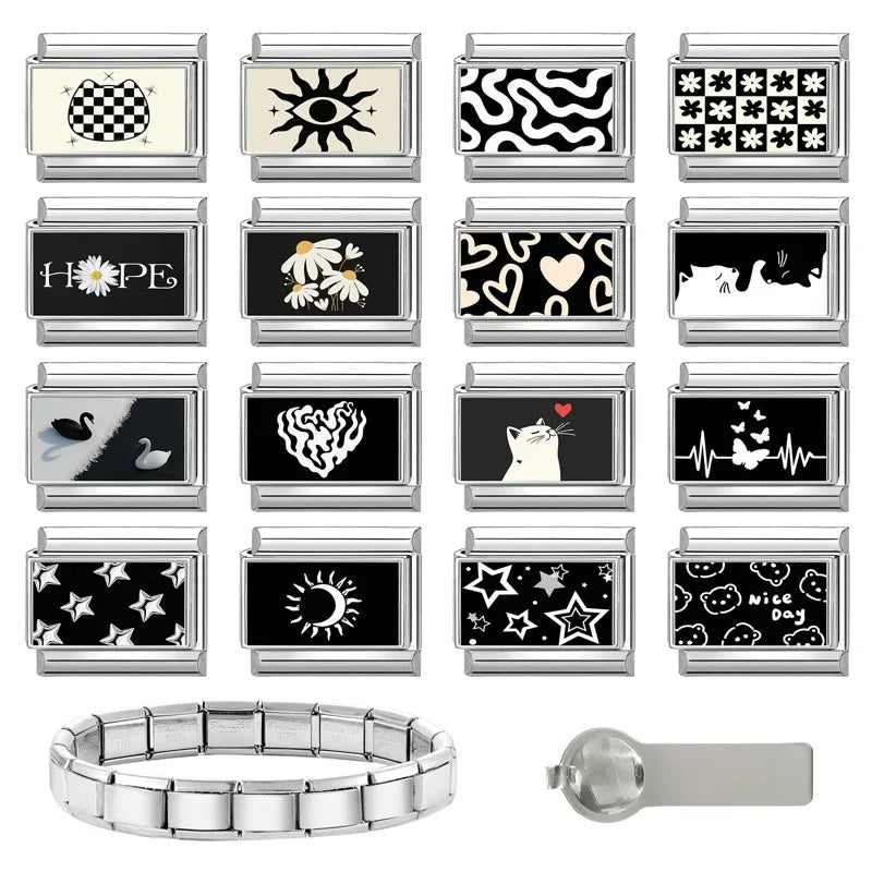 Personalized Black and White Moon Stars Cloud Italian Charm Links Fit 9mm Stainless Steel Bracelet Men Women DIY Making Gifts