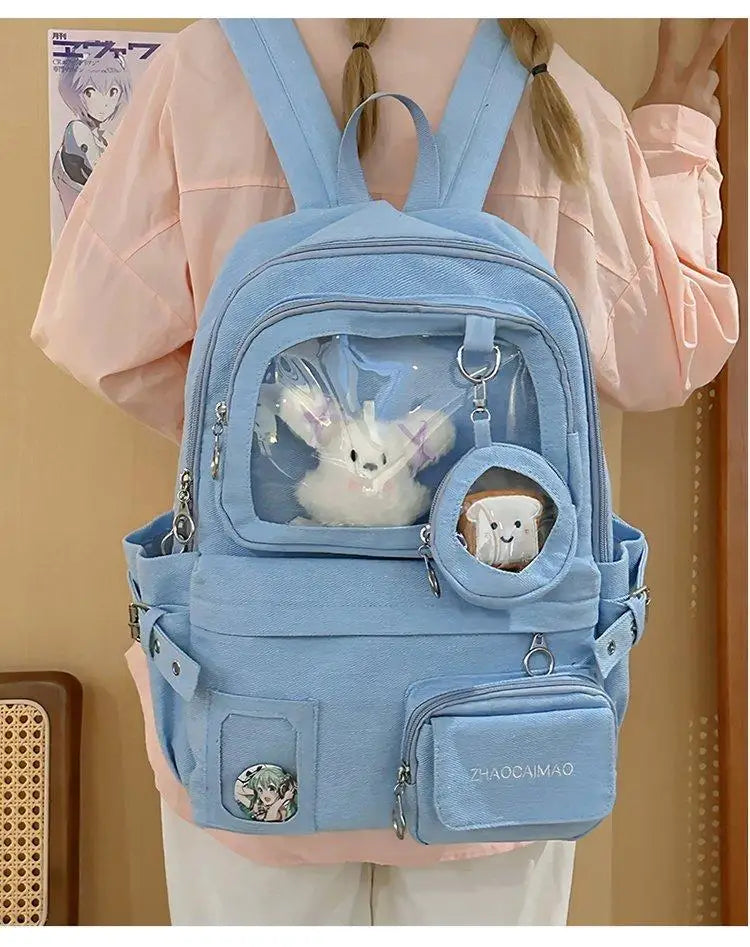 HAEX Denim Women Backpacks 2026 Large Capacity Harajuku DIY Anime Badge Ita Bag Female Student Daily Commute Mochilas Para Mujer