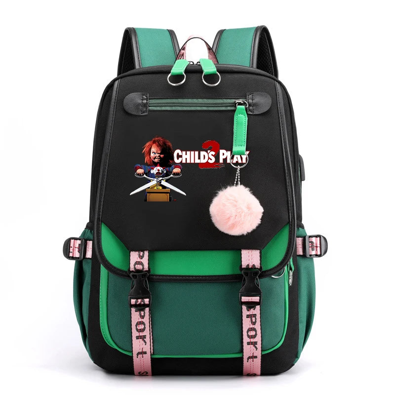 Horror Movie Child's Play Chucky Backpack Teenager School USB Charging Bags Men Women School Bag Travel Mochila