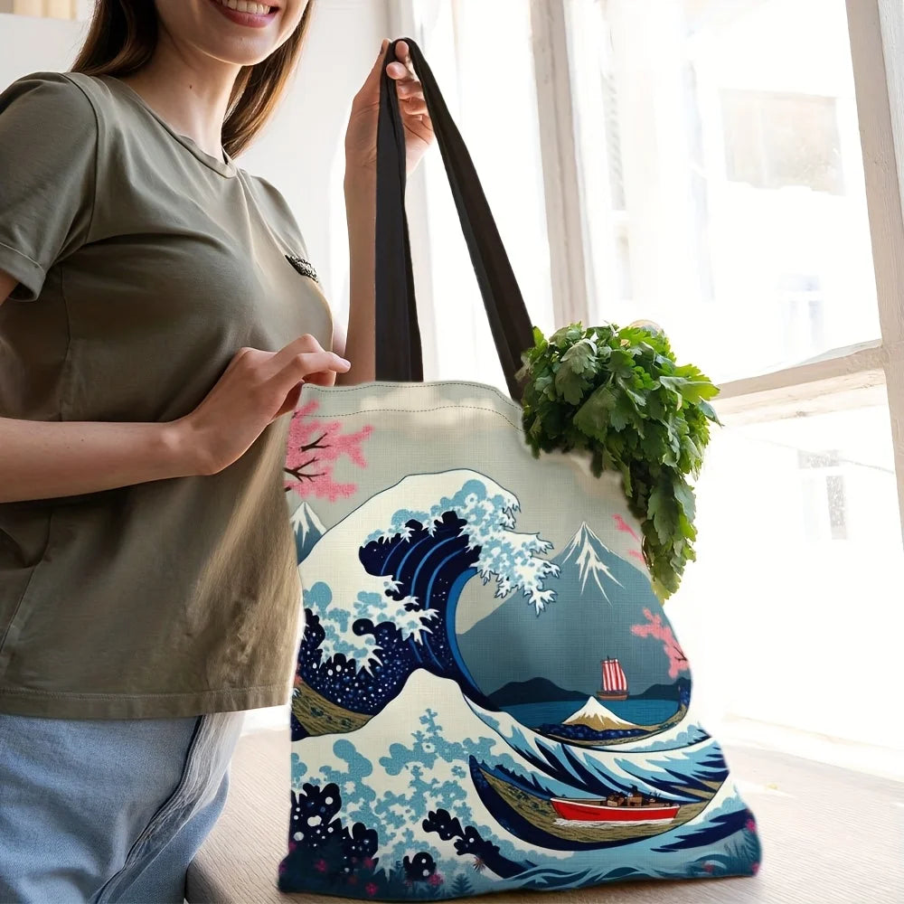 1pc Ukiyo-e Inspired Polyester Tote Bag - Great Wave off Kanagawa & Pink Floral Design, Durable Rectangular Shopping Bag