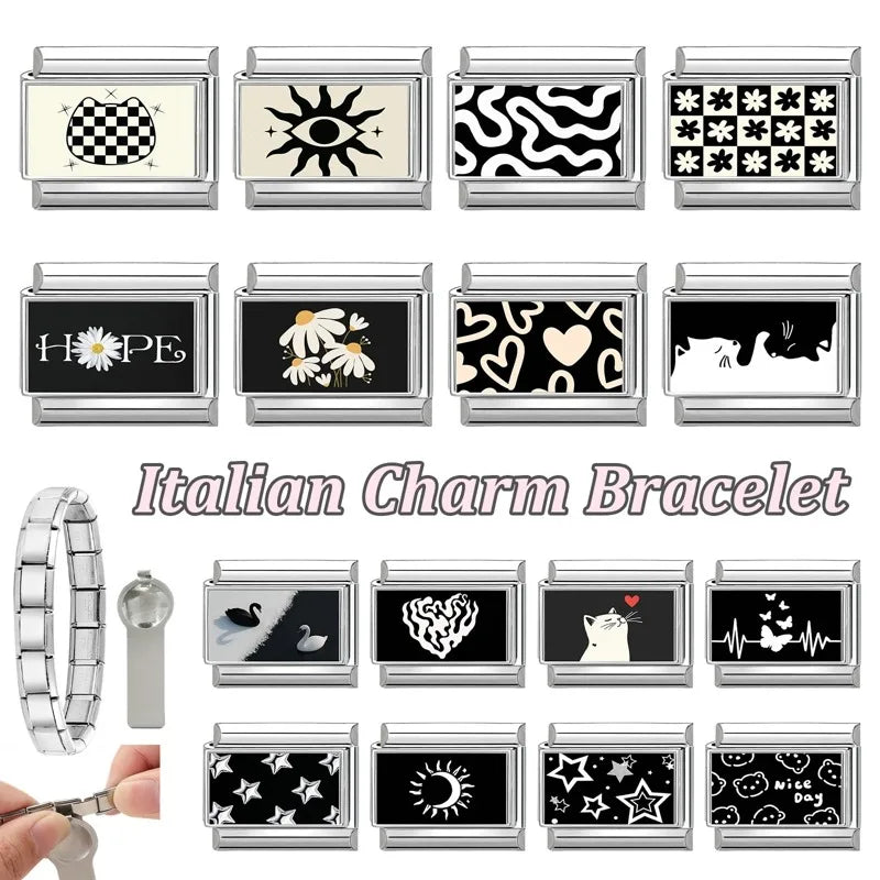 Personalized Black and White Moon Stars Cloud Italian Charm Links Fit 9mm Stainless Steel Bracelet Men Women DIY Making Gifts