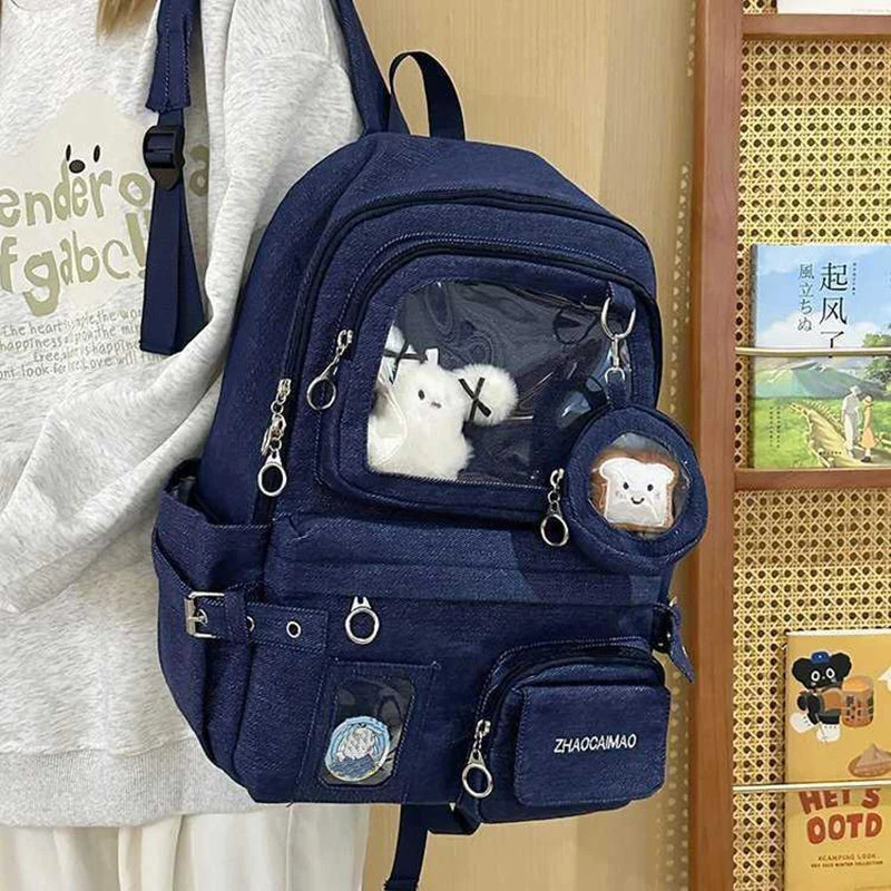 HAEX Denim Women Backpacks 2026 Large Capacity Harajuku DIY Anime Badge Ita Bag Female Student Daily Commute Mochilas Para Mujer