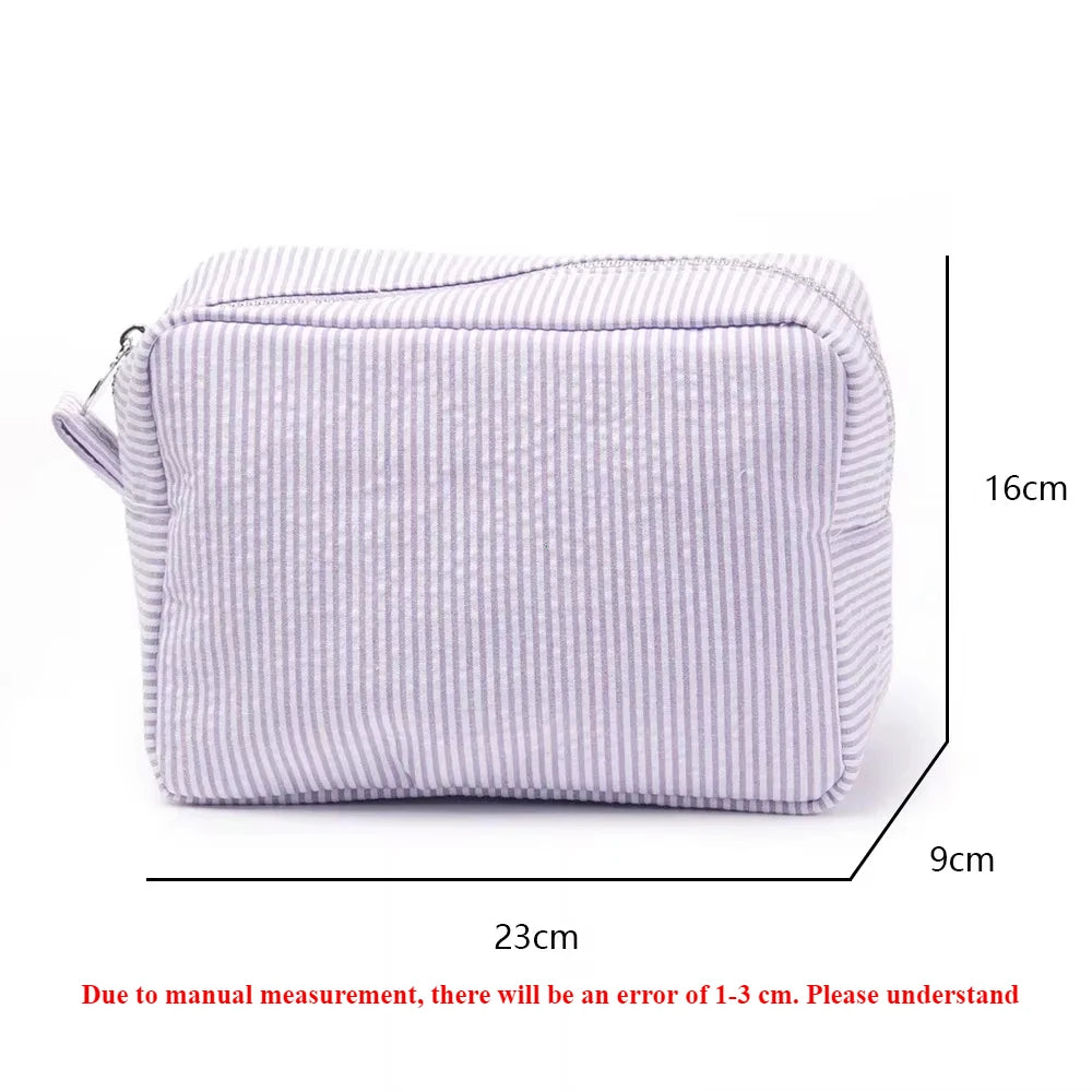 Seersucker Ruffle Cosmetic Bags Pink/Purple Striped Storage Make Up Bags for Women Lady with Zipper Travel Bag Makeup Bag