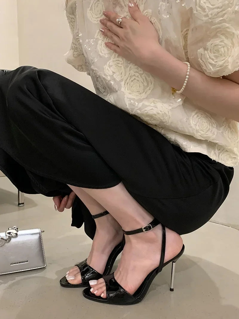 Aneikeh Summer Fashion Blue Female Sandal Open Toe Buckle High Heels Peep Pointed New Denim Stiletto Strap Womens Prom Shoes