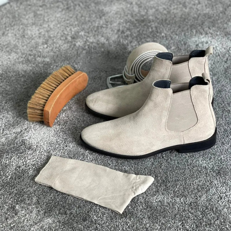Beige Men Chelsea Boots Black Flock Round Toe Slip-On Business Handmade Men Boots  Botas De Hombre Wine Red Shoes Men