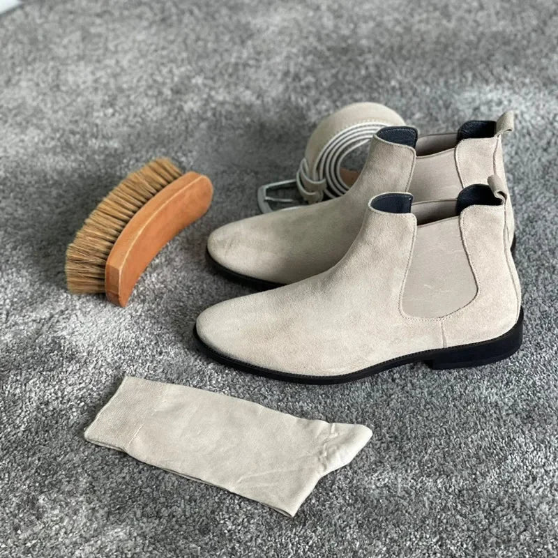 Beige Men Chelsea Boots Black Flock Round Toe Slip-On Business Handmade Men Boots  Botas De Hombre Wine Red Shoes Men
