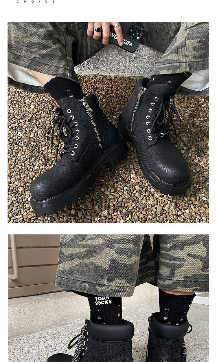 Original design Mading boots for men leather height increased by 4.5CM black retro workwear shoes British style short boots