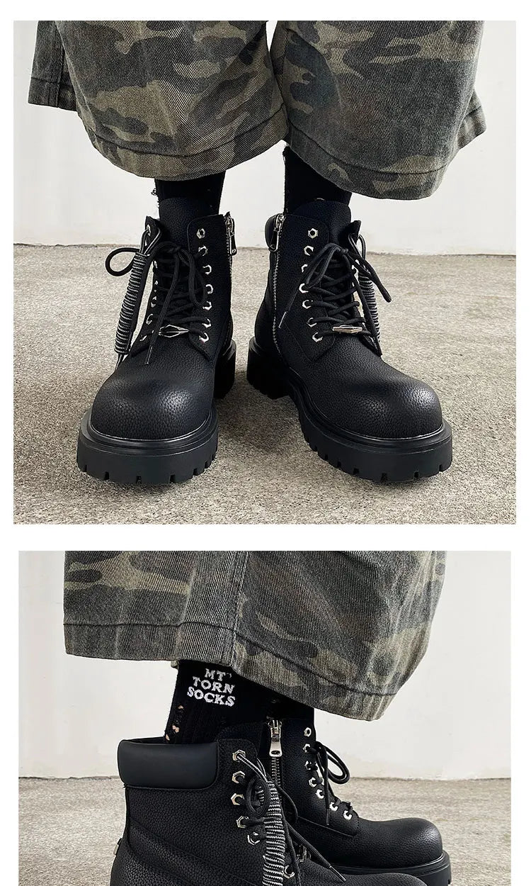 Original design Mading boots for men leather height increased by 4.5CM black retro workwear shoes British style short boots