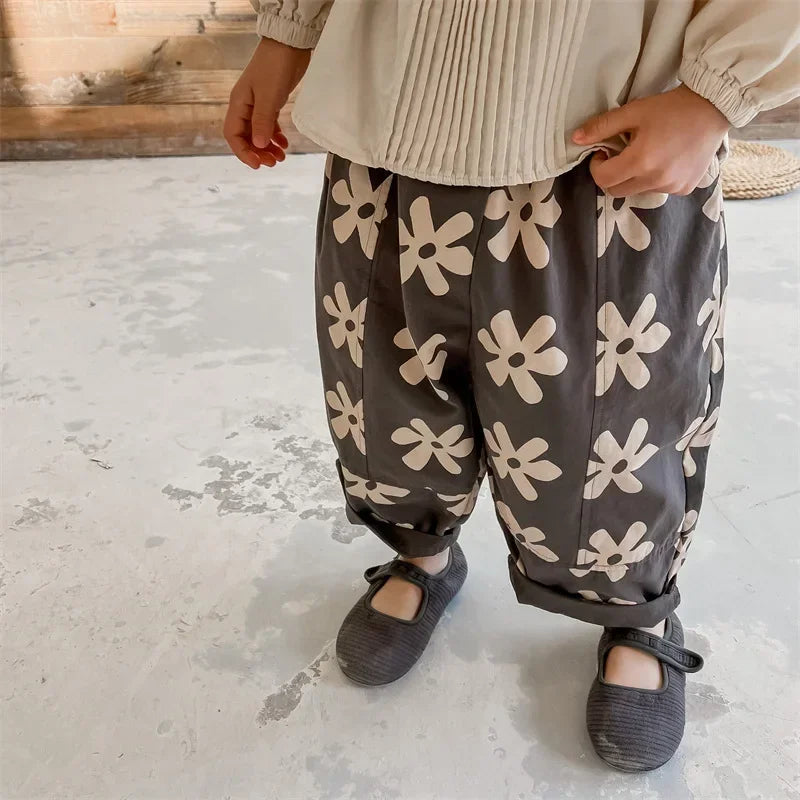 1639C Children Pants Spring New Flower Print Girl's Pant Washed Cotton Harem Pants 1-7Year Boy's Casual Pants Trousers