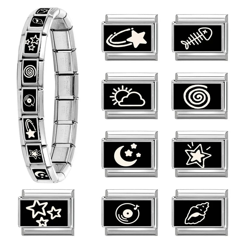 Personalized Black and White Moon Stars Cloud Italian Charm Links Fit 9mm Stainless Steel Bracelet Men Women DIY Making Gifts